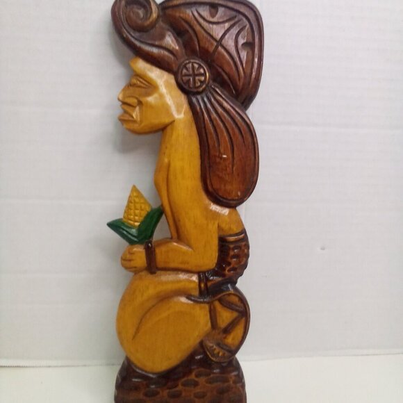 Handcrafted Wood Wall Decor Traditional Aztec Tribal Man With Corn Maize Vintage